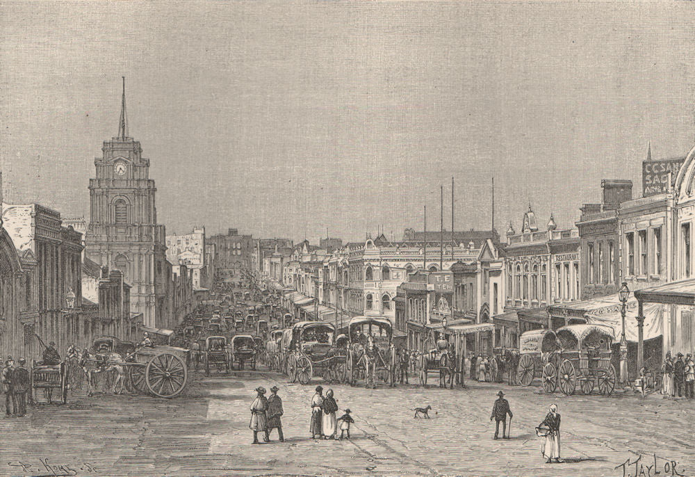 Melbourne - View taken in Bourke St. Australia 1885 old antique print picture